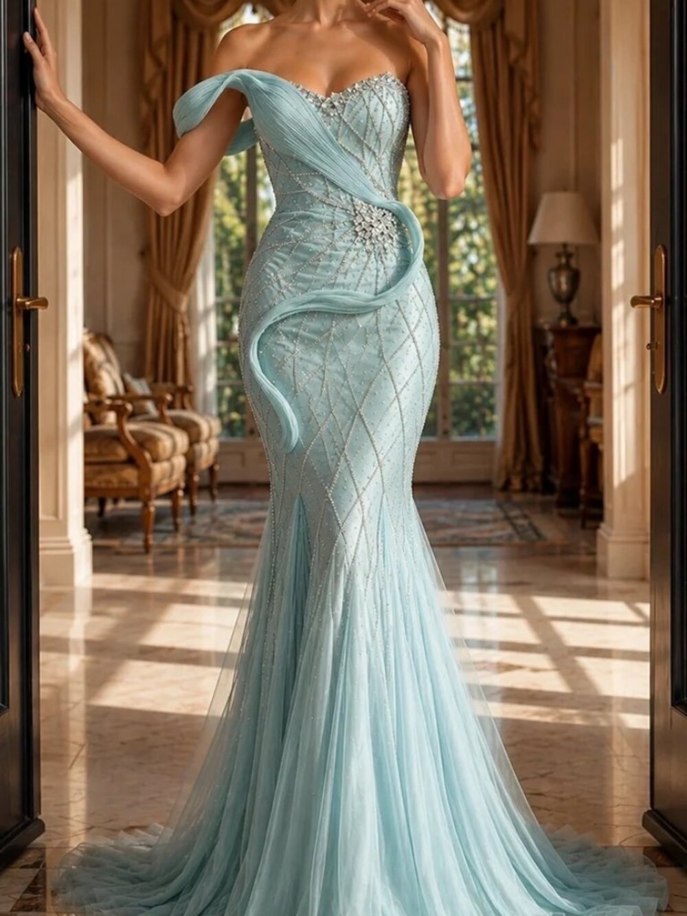 NWT Jovani 50206 One Shoulder Beaded Tulle Mermaid Prom Dress Light-Blue size 8